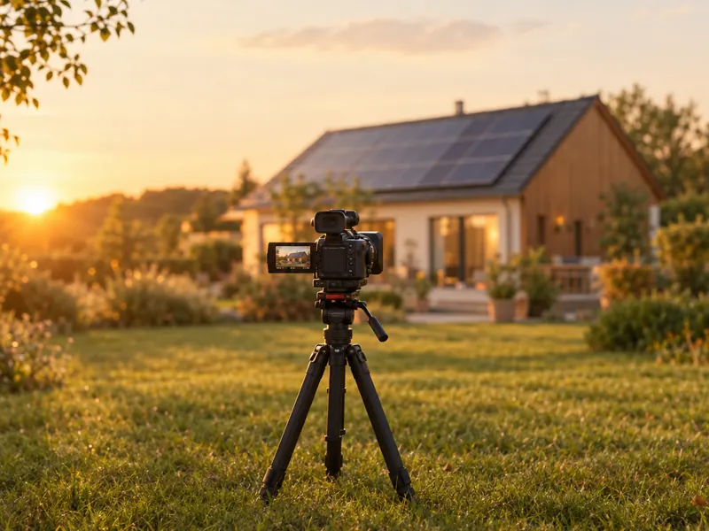 Caméra sur trépied qui filme une maison avec des panneaux solaires