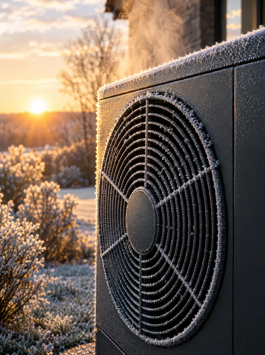 Pompe à chaleur givrée un matin d'hiver