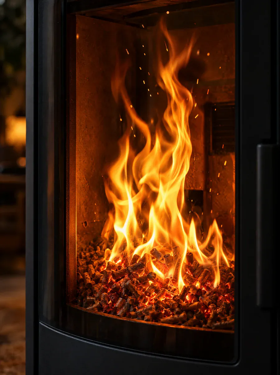 Flammes d'un poêle à granulés