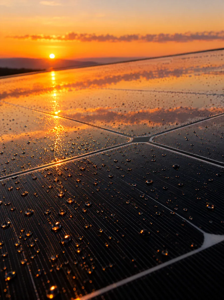 Panneau solaire couvert de rosée au lever du soleil
