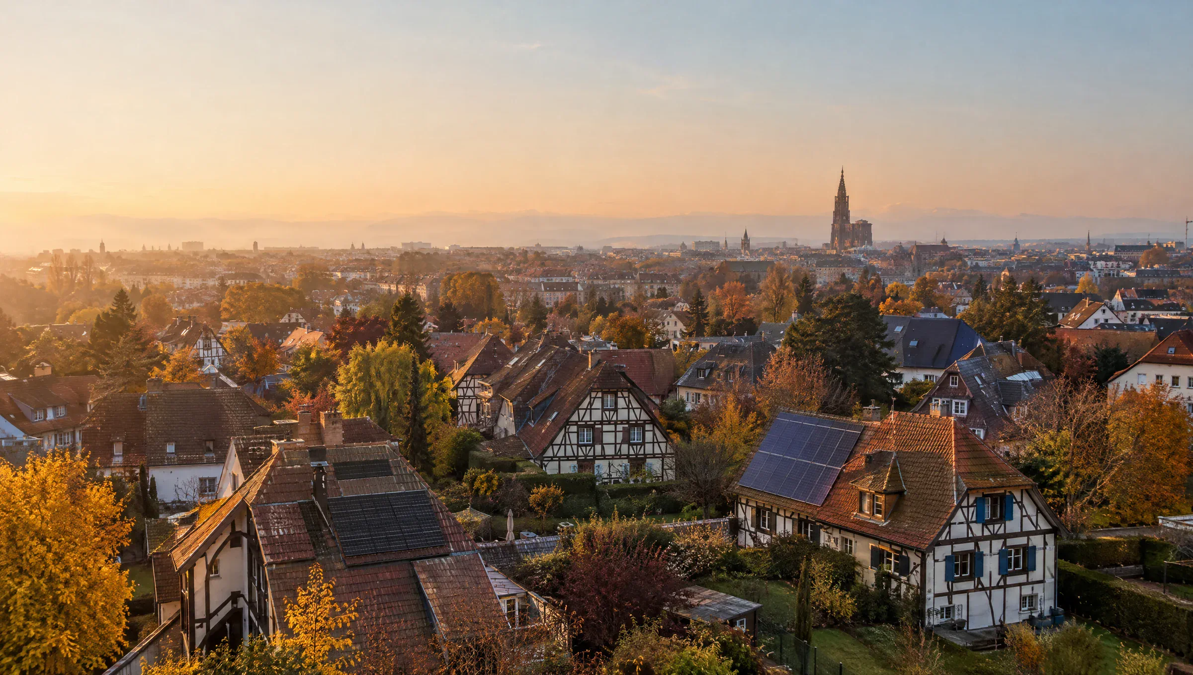 Quartiers de Strasbourg au coucher du soleil, la cathédrale à l'horizon