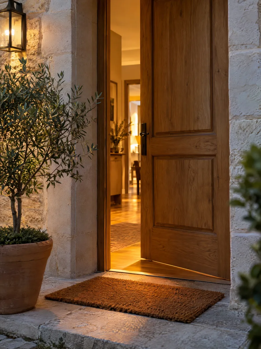 Porte d'entrée ouverte, lumière chaude